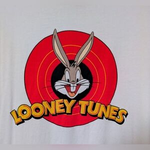 Looney Tunes Bugs Bunny Graphic Tee  White with Red & Yellow Logo Size Medium